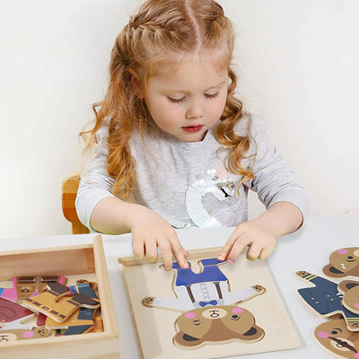 Bear Family Dress Up Puzzle,Wooden Bear Family Costume, Clothes Changing Game, Sorting and Matching Puzzle, Wooden Funny Change Clothes Set for