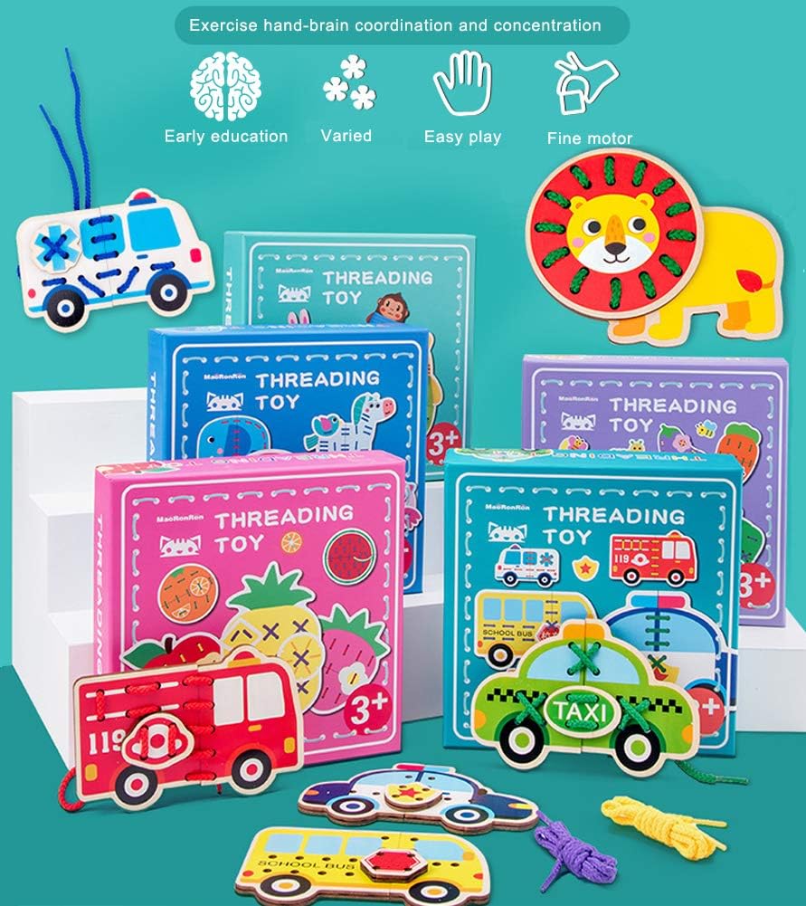 Promise Babe 5 Pack Lacing Cards Wooden Cars Block Puzzle Threading Toys Montessori Toy Sewing Cards for Toddler Educational Preschool Toys…