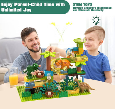 Fidtoy Dinosaur Marble Run Track Set for Kids – 125-Piece Jurassic STEM Building Toy with Dinosaur Eggs, Funnel, Marble Maze, and Creative Construction Play