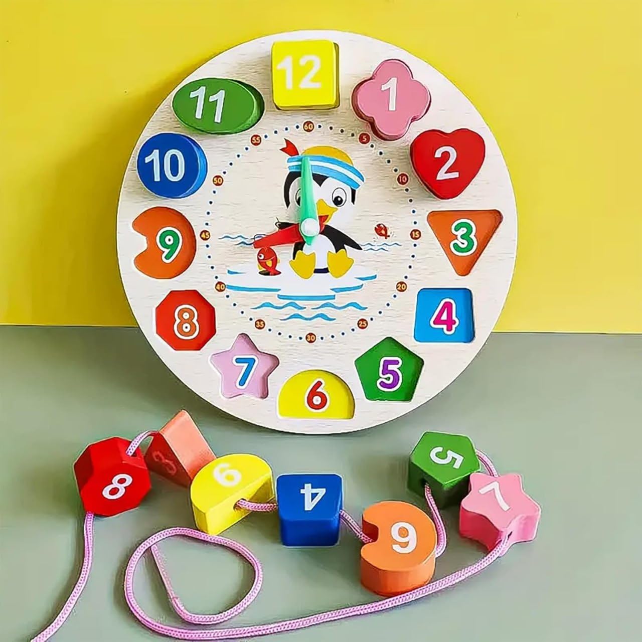 Fidtoy Montessori Wooden Learning Clock for Kids – Time Teaching Shape Sorting Educational Toy Age 3+