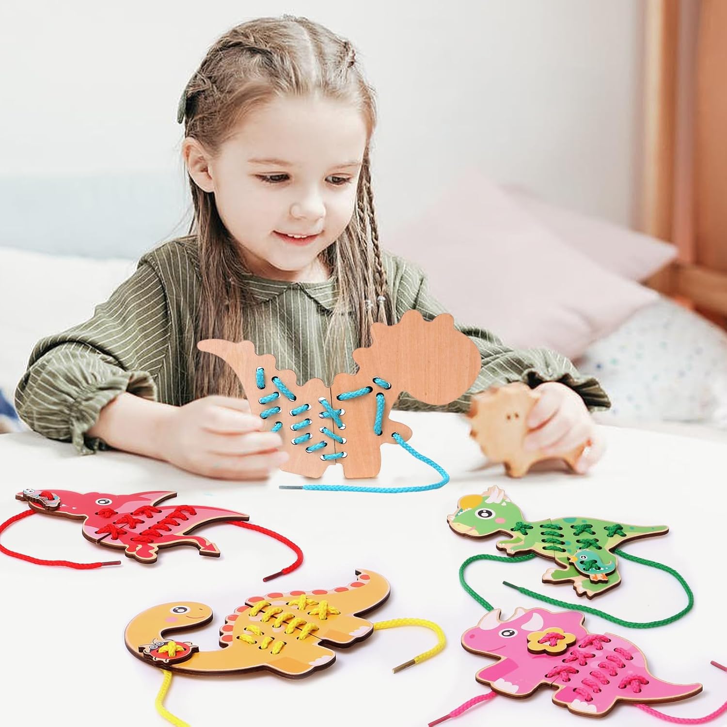 Atoylink 5 Pack Wooden Lacing Cards for Kids 3-5 Dinosaur Threading Sewing Cards Toddler Travel Toys Preschool Puzzle Game Fine Motor Skills Toys for 3 4 5 6 Year Old Christmas Birthday Gift