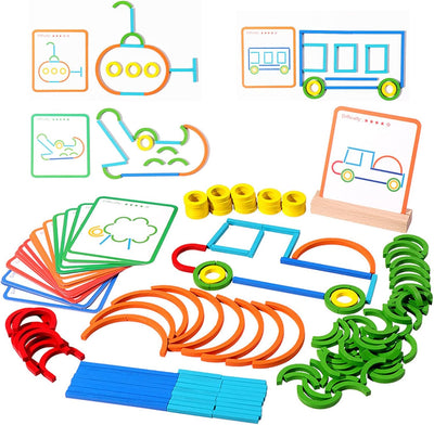 Fidtoy Bâtonnets en Bois et Anneaux Cartes de Casse-tête d'Association de Motifs Jouet Montessori de Mémoire et de Motricité Fine pour Enfants de 3 à 8 Ans