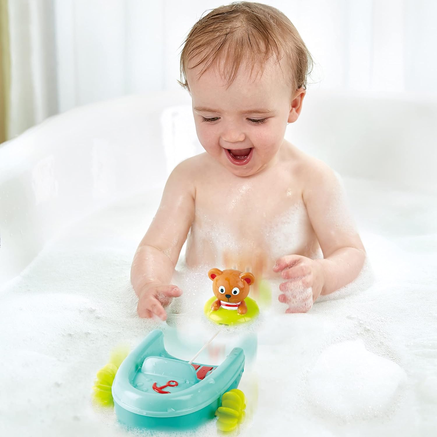 Fidtoy Teddy Bear Pull-Back Bath Boat Toy for Toddlers Water Play