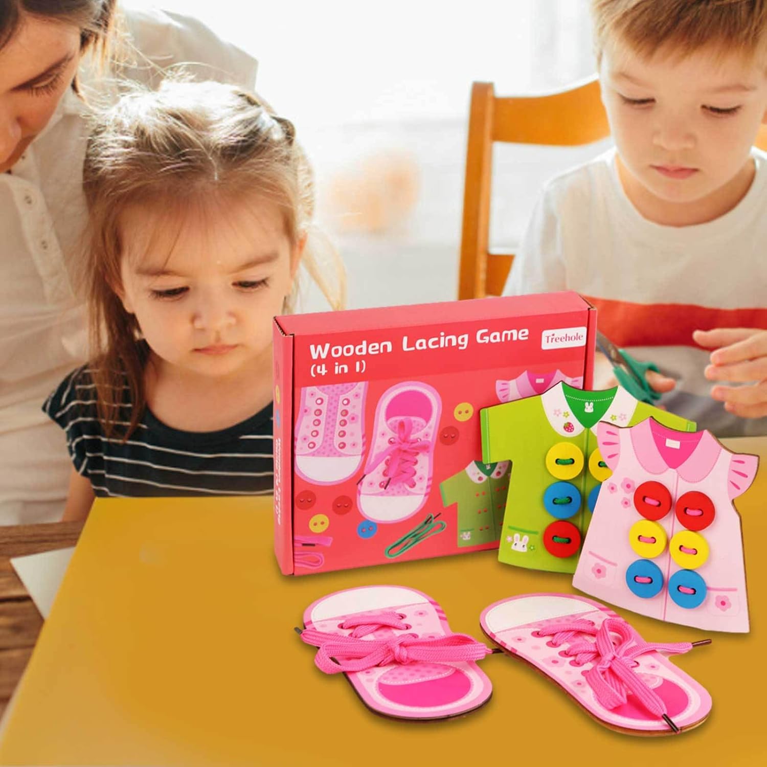 Shoe Tying Practice Toy | 4 in 1 Wooden Lacing Toy | Hand Eye Coordination Threading Toy, Educational Preschool, Girls, Kids