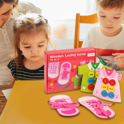 Shoe Tying Practice Toy | 4 in 1 Wooden Lacing Toy | Hand Eye Coordination Threading Toy, Educational Preschool, Girls, Kids