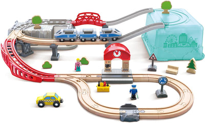 Fidtoy Wooden City Train Set with Storage Bucket Railway Toy