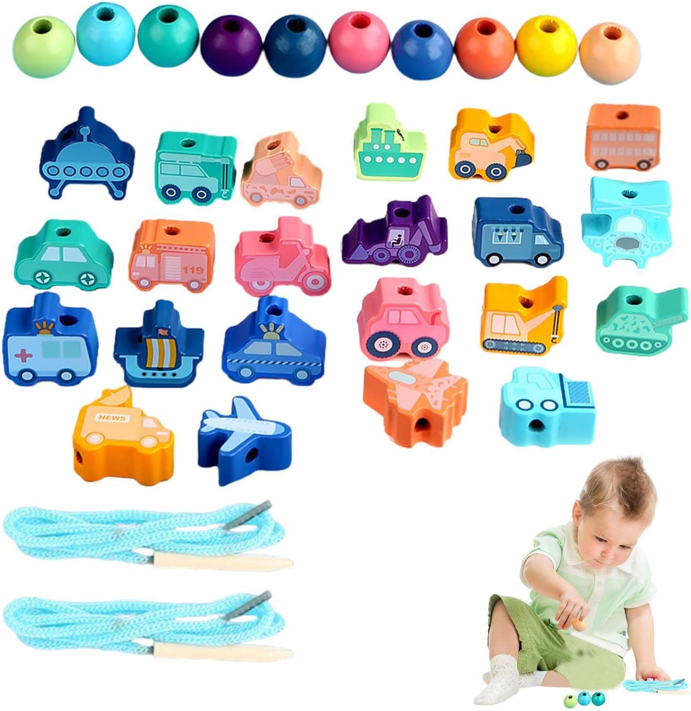 madeira com cadarço – Conjunto contas madeira DIY para crianças | Brinquedos educação infantil Montessori habilidades motoras finas para meninos 3, 4, 5 e 6 anos Liushui