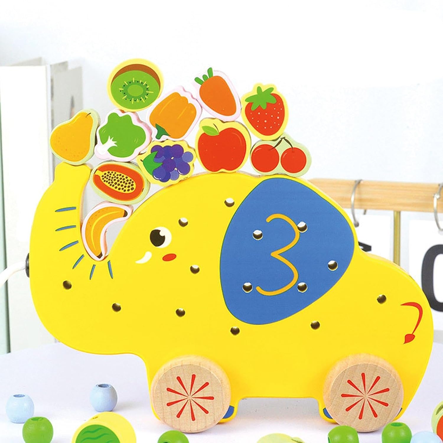 UJEAVETTE Wooden Lacing Beads Toy Cartoon Educational for Kids Toddlers 3 4 5 Year Old Elephant