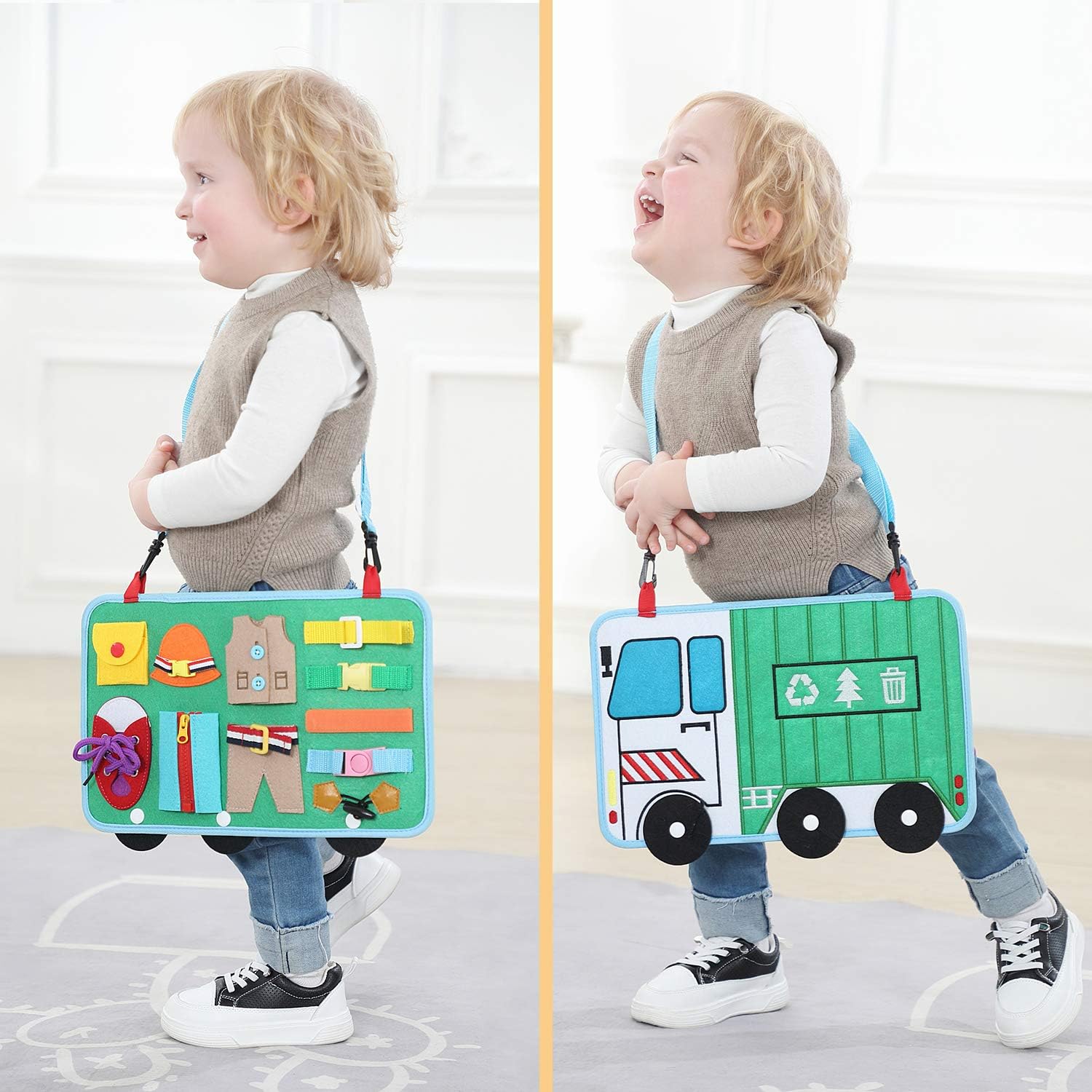 Toddler Busy Board, 14 in 1 Activity Board(Garbage Car Style), Montessori Sensory Toy for Fine Motor Skills, Learning Toy for Airplane or Car Travel, Preschool Educational Gift for Kids Boys Girls