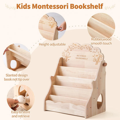 WOODEN TEETHER 5-Tier Montessori Bookshelf for Kids - Durable Rubber Wood Bookcase with Chalkboard & Storage - Display Rack for Nursery & Kids Room