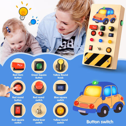 POLKRANE Tablero ocupado con luz LED, juguetes Montessori con interruptor de palanca, juguetes sensoriales para niños pequeños 1-3, juguetes de viaje para actividades educativas para niños pequeños