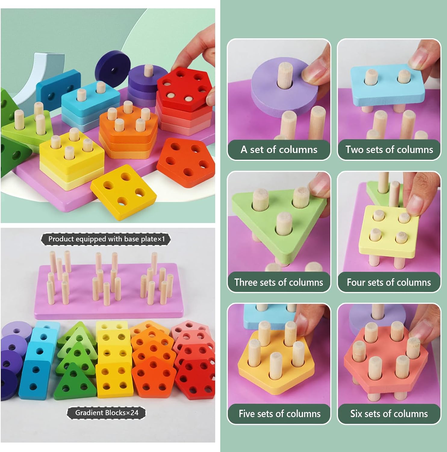 Fidtoy Wooden Building Blocks and Six Column Sets for Kids | Montessori Construction Blocks, Shape & Color Recognition, Pattern Matching, Spatial Awareness & Fine Motor Toy Age 2-6