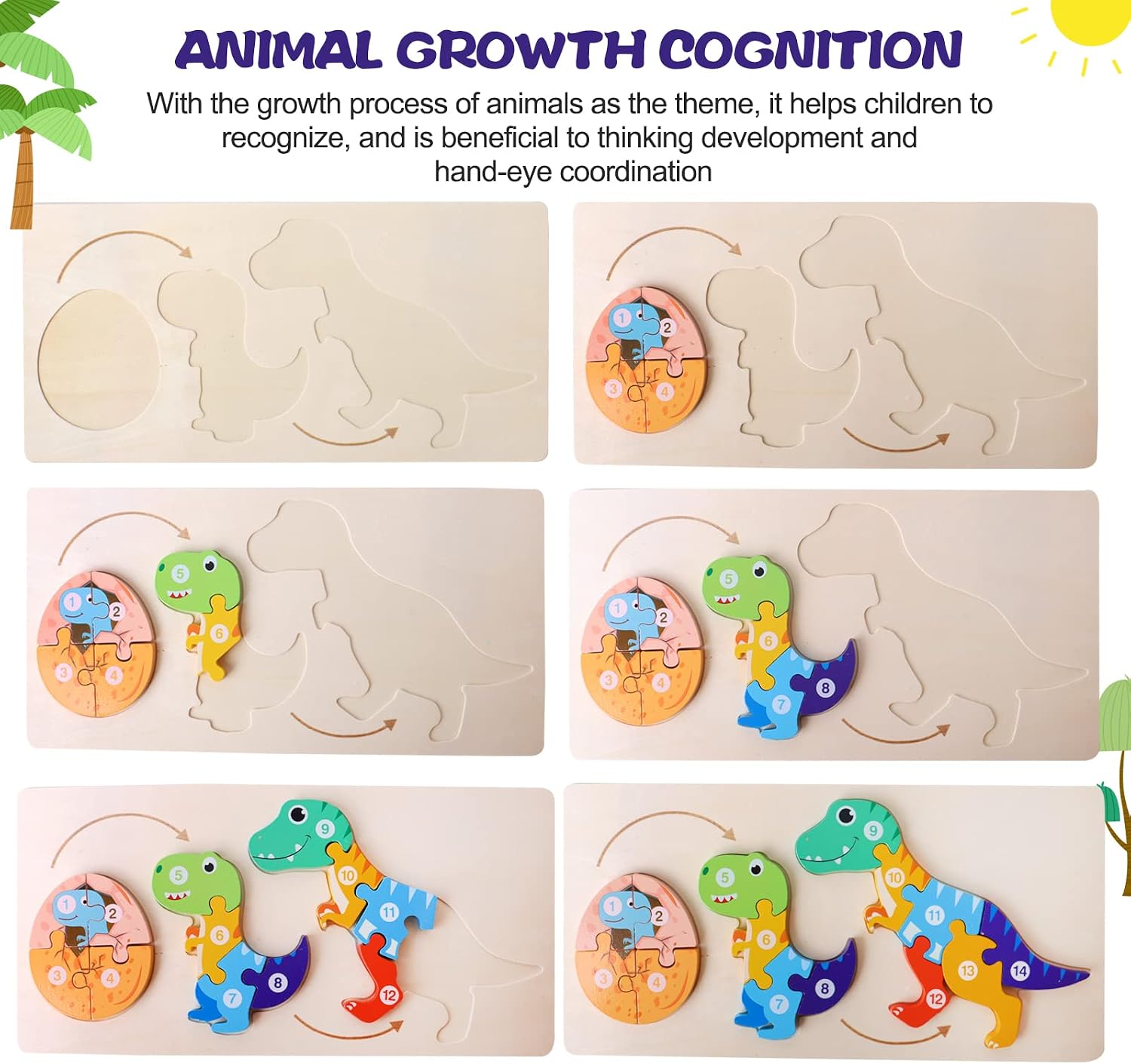 Fidtoy 3D Cognitive Puzzle of Animal Growth - Random Animals, Wooden Animal Growth Puzzle with Numbered Pieces, Montessori Nature Learning Toy for Kids
