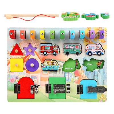 Fidtoy Wooden Busy Board Montessori Activity Board for Toddlers with Locks Switches Shapes Numbers Learning Toy Fine Motor Skills Travel Quiet Toy Gift