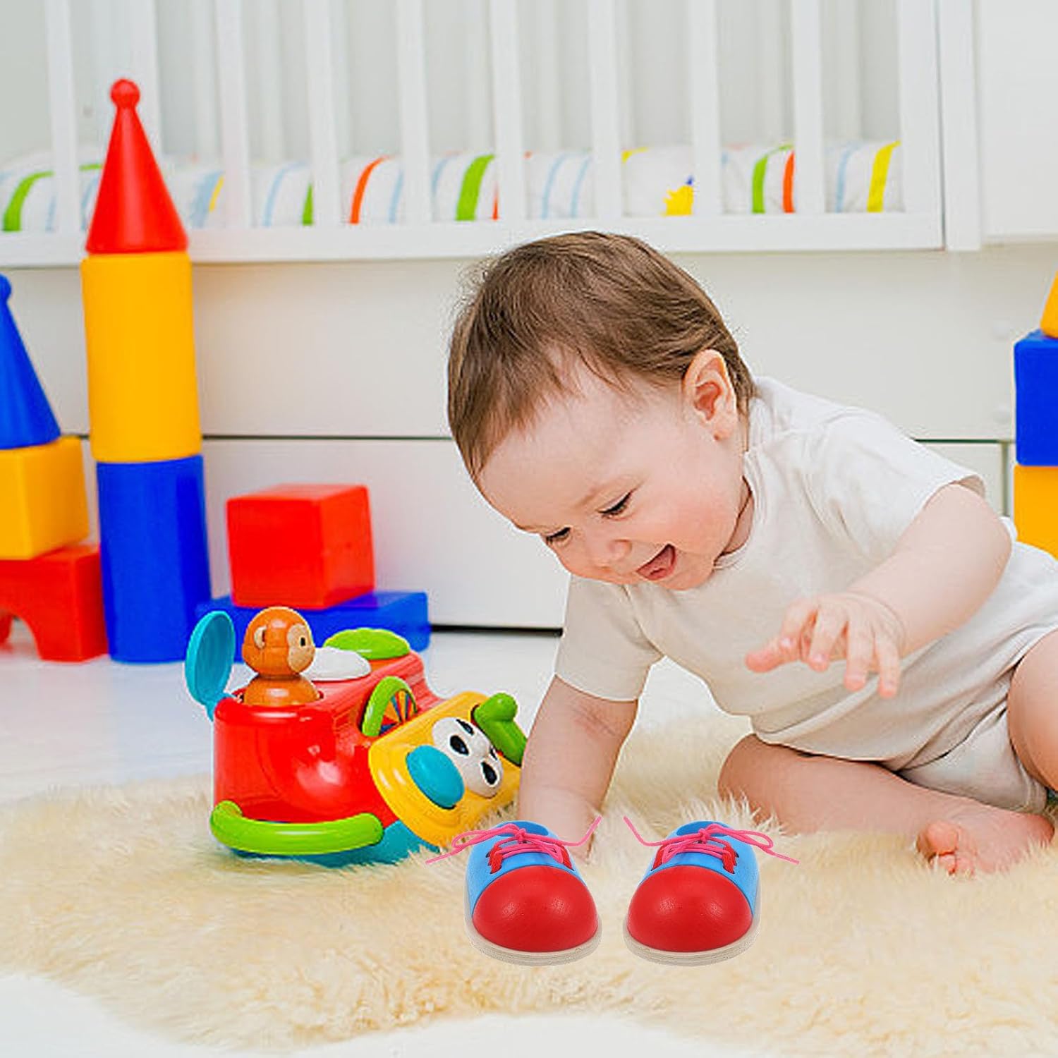 2pcs Wooden Lacing Shoe Toy Tie-up Shoelace Educational Plaything for Boy Girl Develop Fine Motor Skills and Hand-Eye Coordination Safe Natural for Ages