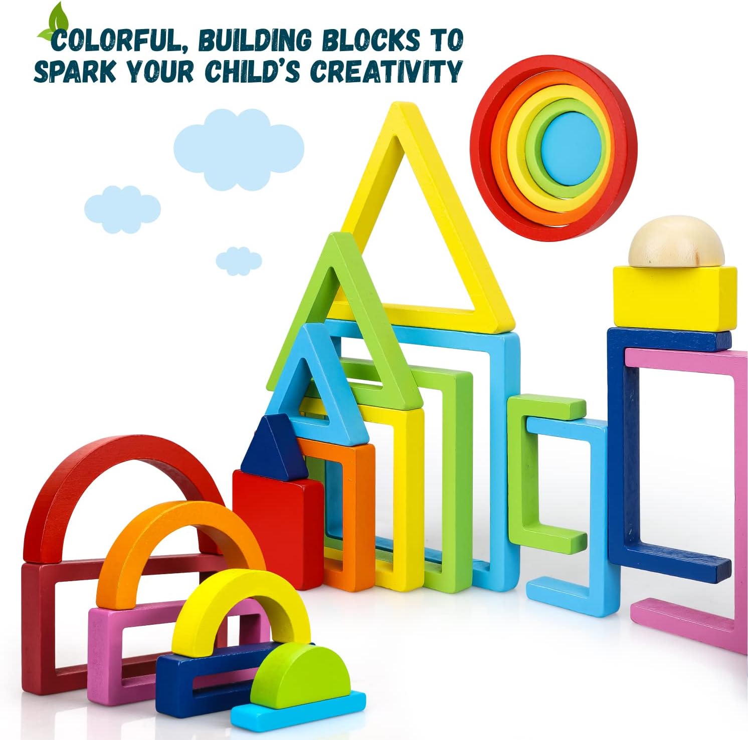 Fidtoy Wooden Rainbow Stacking Block Set for Toddlers 1-5