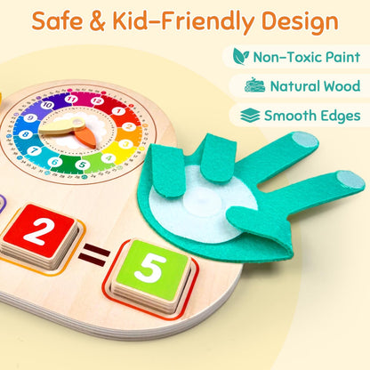 Montessori Math & Clock Learning Toy for Kids Ages 3-5, Wooden Educational Toy with Number Blocks, Counting Hands & Routine Cards – Learn Addition