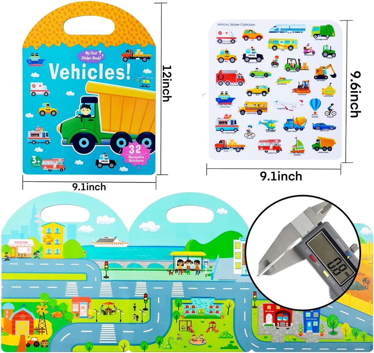 RUSON Portable Jelly Quiet Busy Sticker Book, Vehicles Reusable Books for Kids, Toddler Activity Book Preschool Learning Activities Educational Toys Girl Boy Age 2+ Birthday Gifts, 1-Vehicle, (D-411)