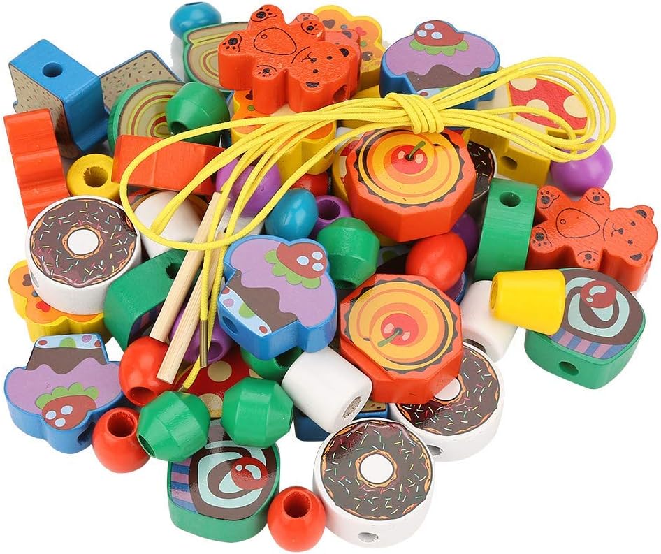 Zerodis Wooden Beads Toy, Wooden Thread Beads Lacing Beads Strings Beads Set Montessori Toys for Toddlers Preschool Children