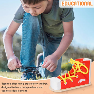 Shoe Tying Practice for Kids, Red Shoe Tie Practice for Kids Threading Lacing Shoes Training, Wooden Learn to Tie Shoes Basic-Life-Skills