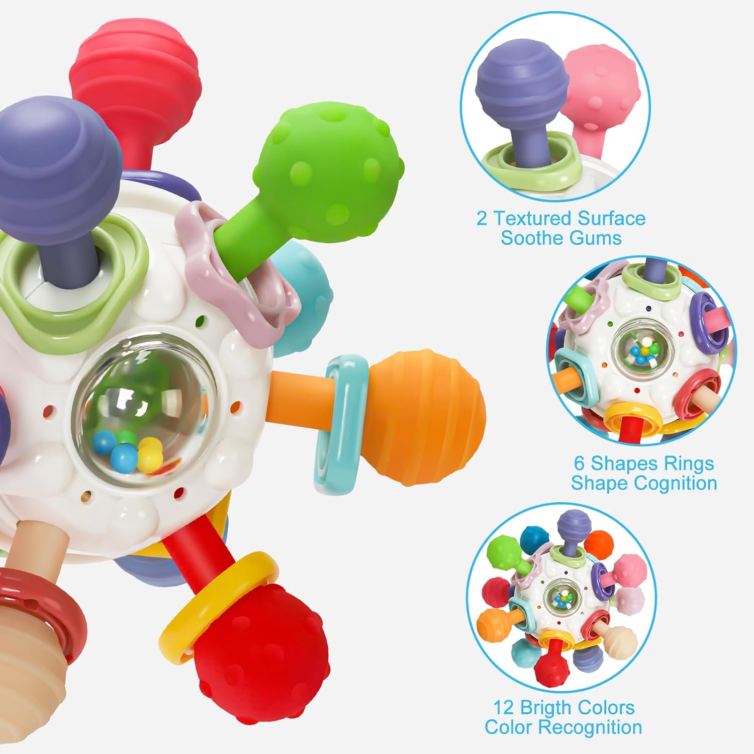 Fidtoy Baby Sensory Teething Rattle Toy – Silicone Montessori Sensory Toy for Infants 0–12 Months