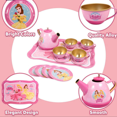 Fidtoy Metal Tea Party Set for Kids Pink Pretend Play Kitchen Tea Set with Teapot Cups Saucers and Tray