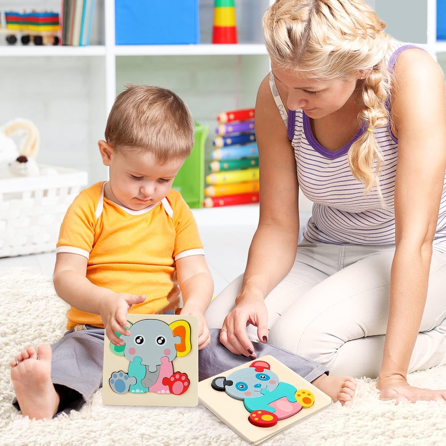 Fidtoy Lot de 6 puzzles en bois jouets d'apprentissage Montessori