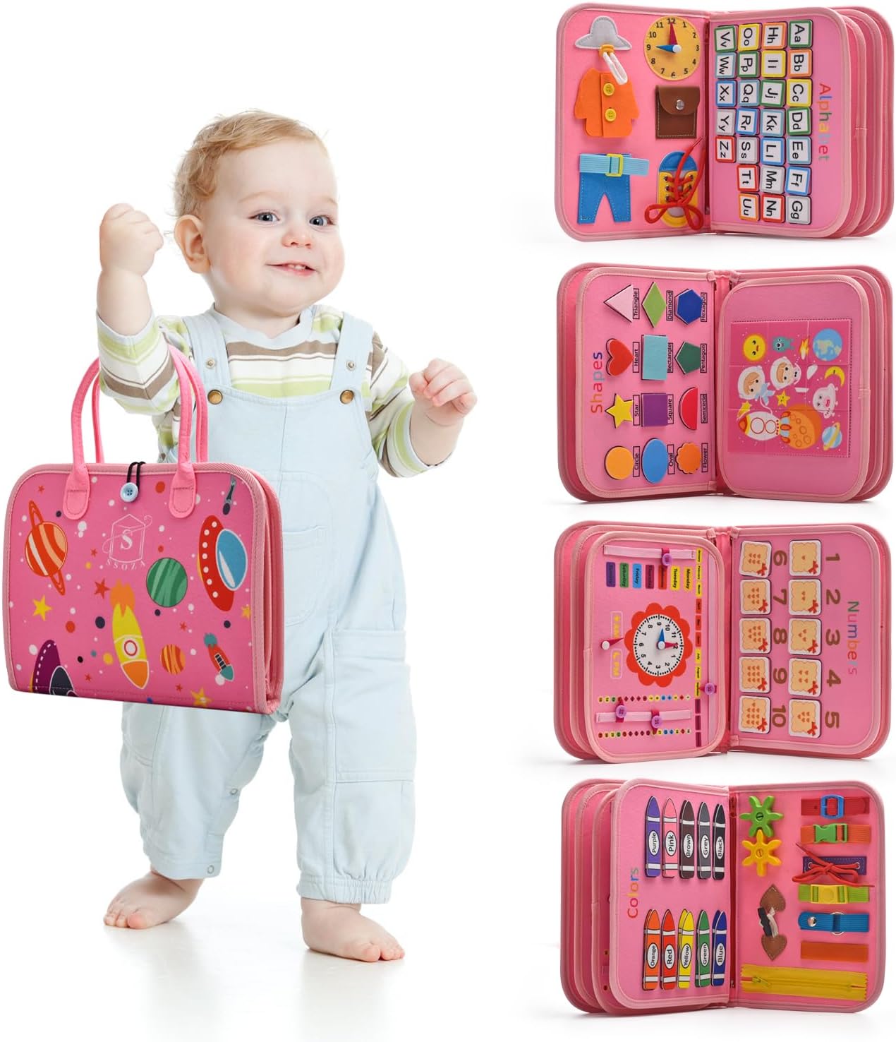 Montessori Busy Board for Toddlers 3-5 Years Old - Learning Activities for Travel, Road Trip - Educational Toys Sensory With Life Skills, Alphabet, Animals, Shapes