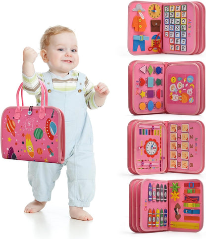 Montessori Busy Board for Toddlers 3-5 Years Old - Learning Activities for Travel, Road Trip - Educational Toys Sensory With Life Skills, Alphabet, Animals, Shapes