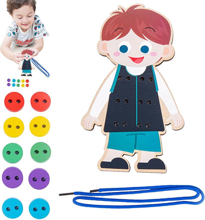 costura botão – Roupas madeira para crianças – Brinquedo Montessori Jogo fio habilidamotora fina para pré-escola desenvolvimento precoce e educação Xuany