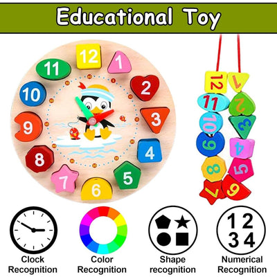 Fidtoy Montessori Wooden Learning Clock for Kids – Time Teaching Shape Sorting Educational Toy Age 3+