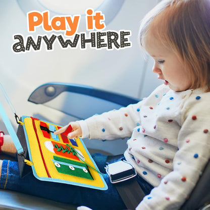 Tabla ocupada para niños pequeños de 1 a 3 o 2 a 4 años, juguete educativo Montessori, habilidades básicas para la vida y actividad motriz fina para niños, aprender a vestir juguete sensorial como avión o juego de viaje en coche