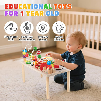 Activity Table for 1+ Year Old, Montessori Wooden Toys for Toddlers 1-3, 8 in 1 Baby Activity Table, Educational Sensory Bead Maze Toys for Babies, Learning Shape Sorter, Birthday Gifts Girls Boys