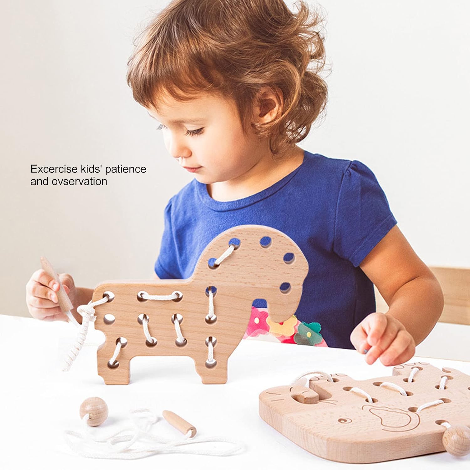 Wooden Lacing Toy, Wood Block Puzzle Game Toys, Early Learning Fine Motor Skills Educational Gift Montessori Travel Toys Early Education Wooden Lacing Toy for Toddlers