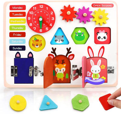 Fidtoy Wooden Busy Board with Locks Clock and Shape Puzzles