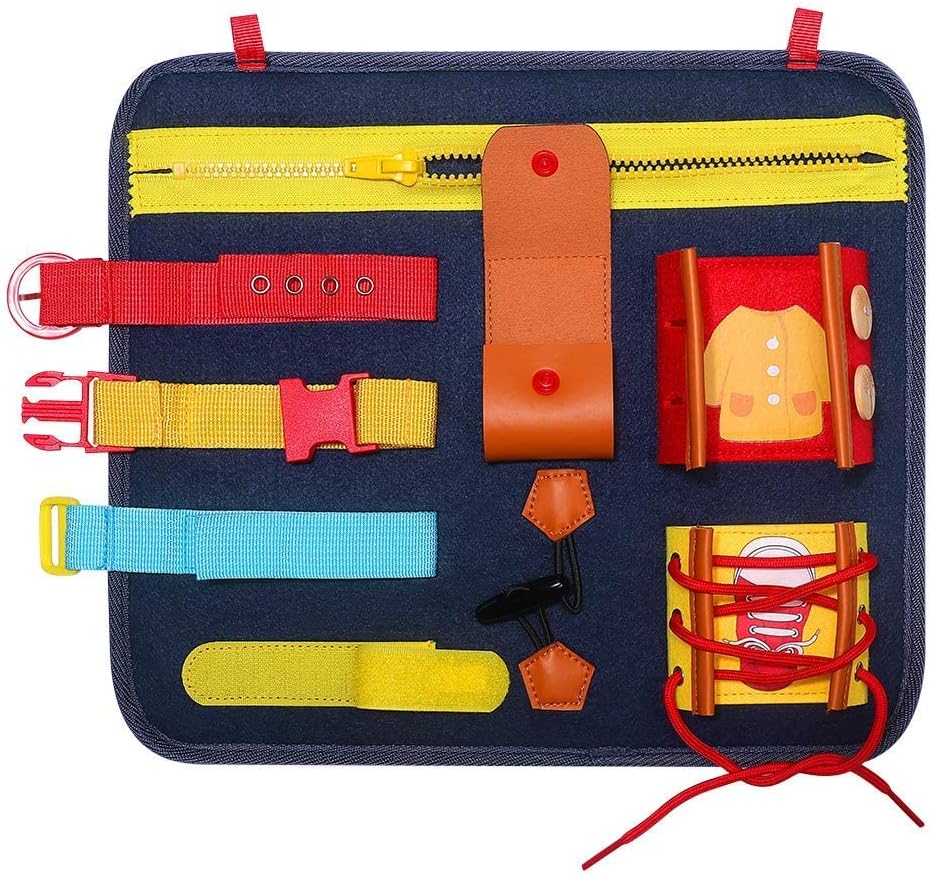 SIMBOOM Toddlers Busy Board, Montessori Basic Skills Activity Board, Learn to Dress Toys for 1 2 3 4 Years Old Kids Holiday Gifts (Blue)