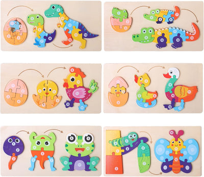 Fidtoy 3D Cognitive Puzzle of Animal Growth - Random Animals, Wooden Animal Growth Puzzle with Numbered Pieces, Montessori Nature Learning Toy for Kids