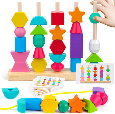 Fidtoy Wooden Blocks and Beads Learning Toy for Toddlers