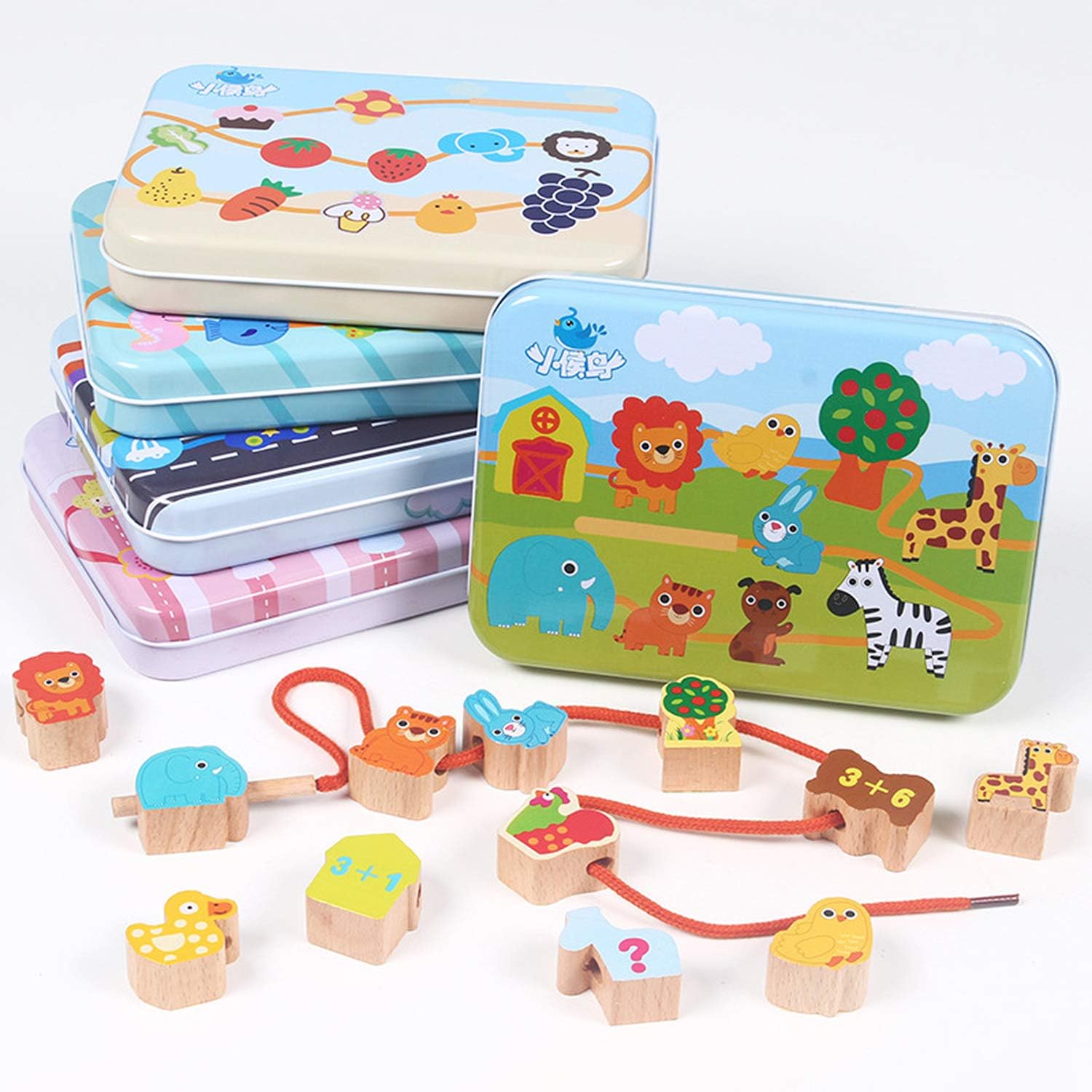 CenYouful Lacing Toy Wooden Block Set, Early Educational Toys String & Lacing Beads Games for Toddlers Kids Terrestrial Animals Learning Toy Play Set (12 Pieces) (Vegetables Fruits)