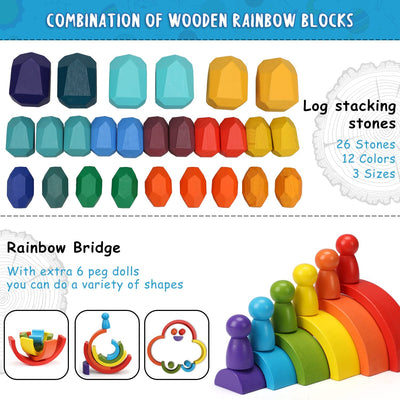 Fidtoy Juego de juguetes de madera apilables con arcoíris para bebés y niños pequeños