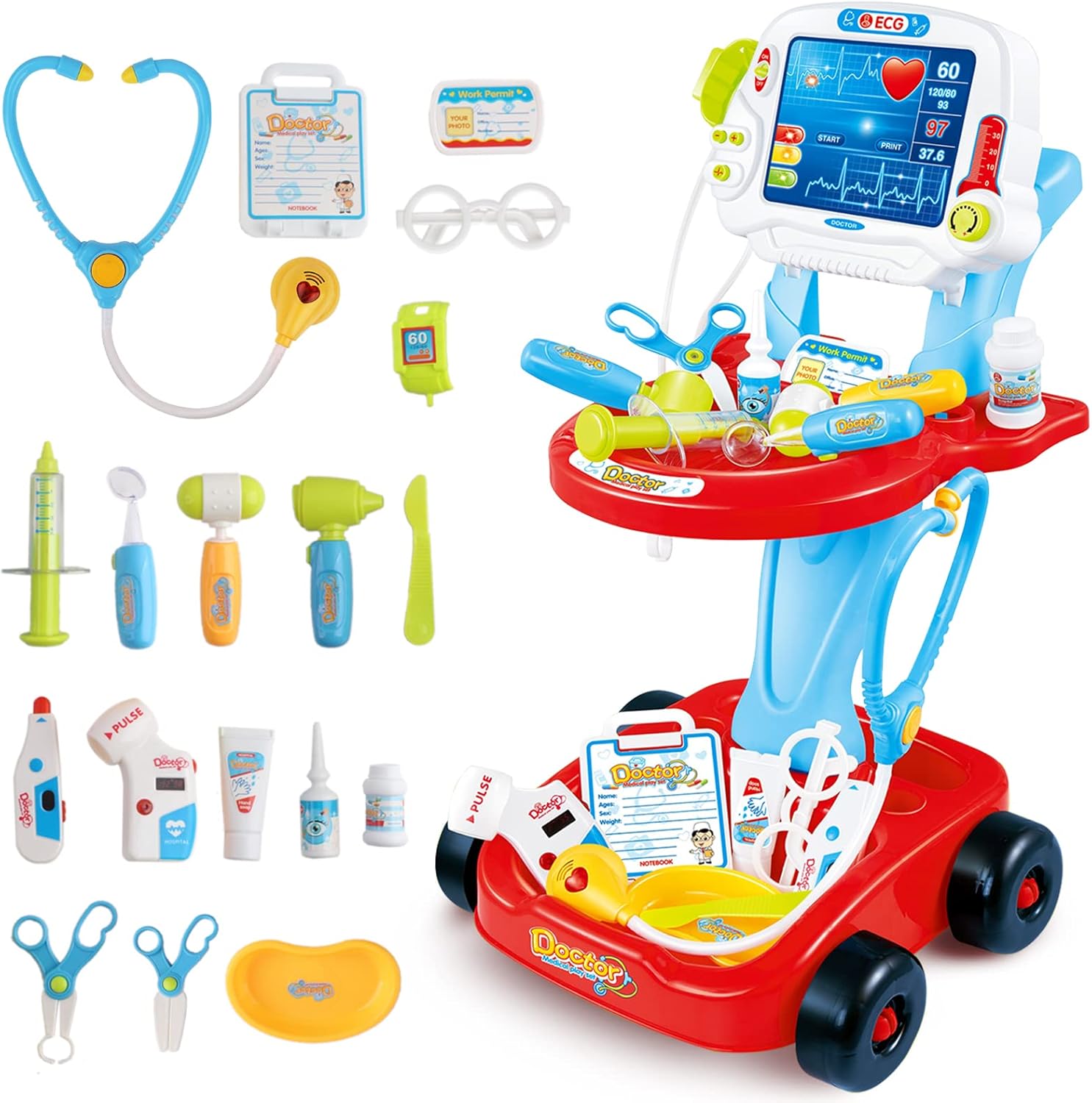 17 PCS Rich Pretend Kids Doctors Playset Little Doctors Trolley Kit Educational Toys Pretend Doctor Set Great Gift for Toddlers