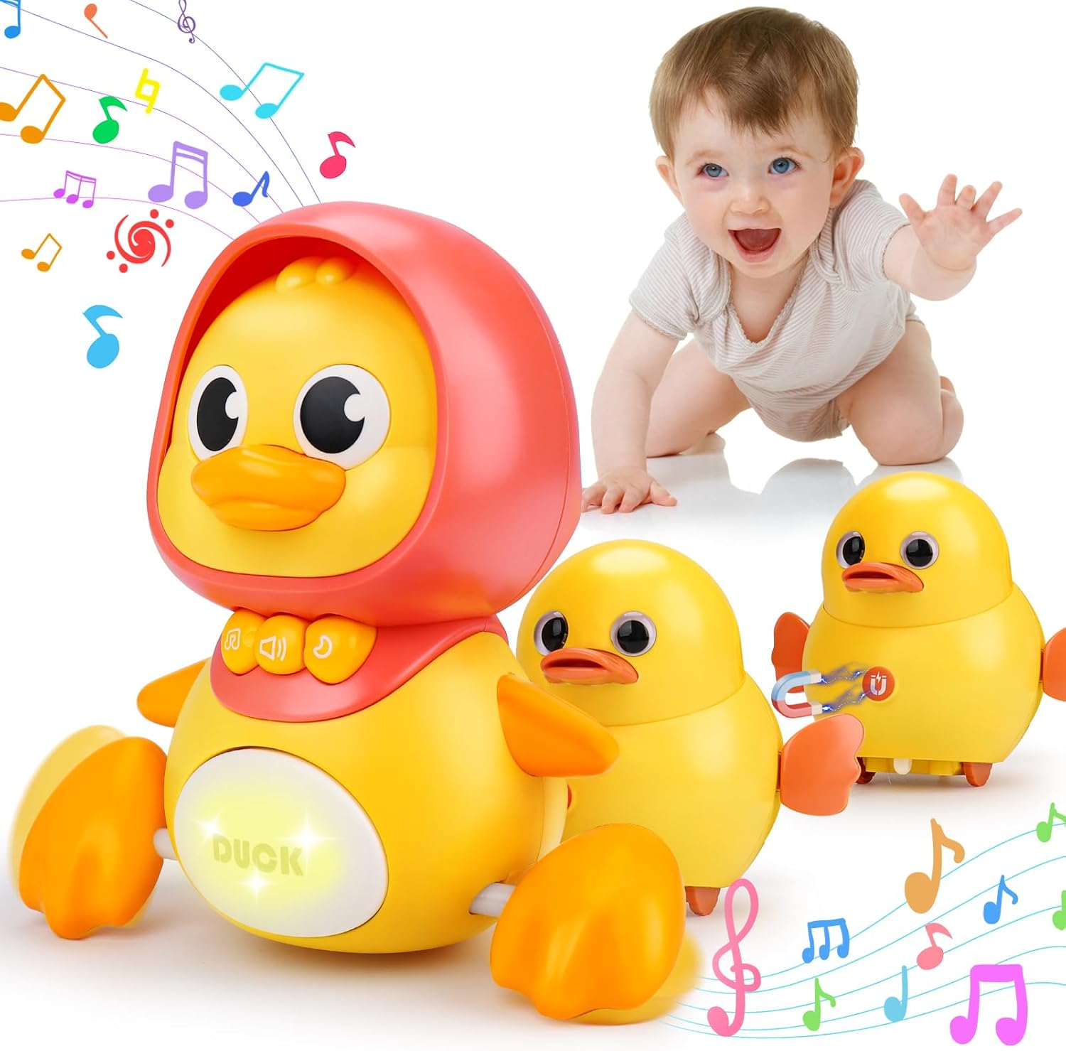 Fidtoy Jouet musical en forme de canard pour bébé avec son et lumière, idéal pour apprendre à ramper
