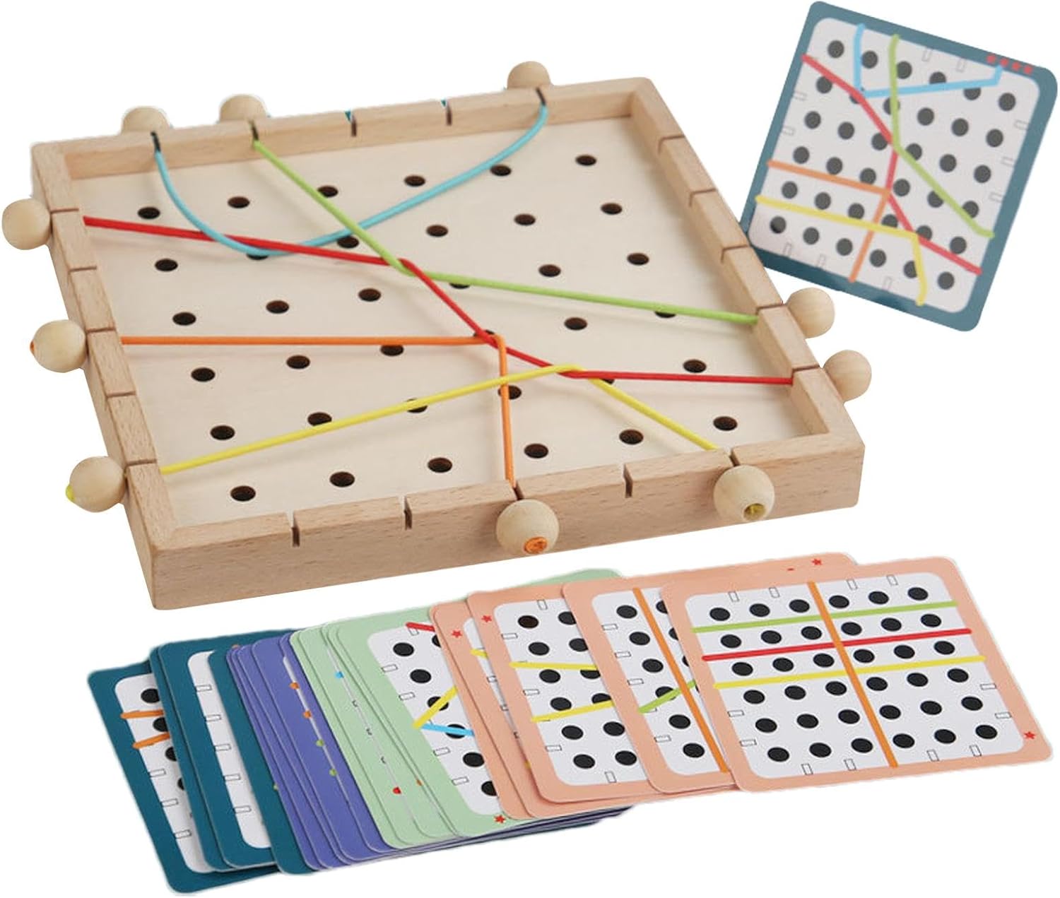 Juguete para cordones para niños pequeños,Juguetes para enhebrar para niños pequeños,Divertida tabla para enhebrar y tirar de cuerdas, 40 tarjetas de aprendizaje, 6 hilos de colores | Los rompecabezas