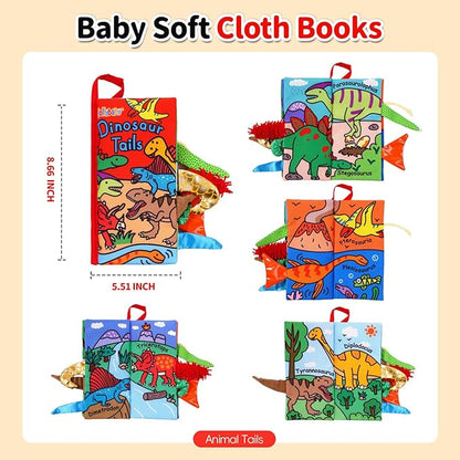 Jollybaby Baby Books 0-6 Months, Touch and Feel Crinkle Soft Cloth Books for Infants Babies, Toddler Early Educational Interactive Stroller Sensory Toys, Baby Girl & Boy Gift(Dinosaur Tails)
