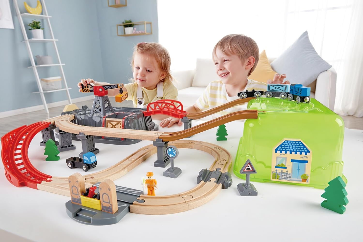 Fidtoy – Circuit de Train en Bois – Kit de Construction en Seau 50 Pièces
