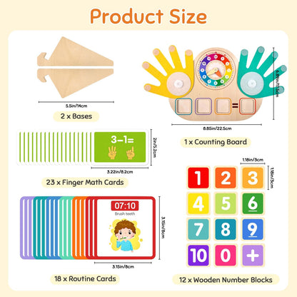 Montessori Math & Clock Learning Toy for Kids Ages 3-5, Wooden Educational Toy with Number Blocks, Counting Hands & Routine Cards – Learn Addition