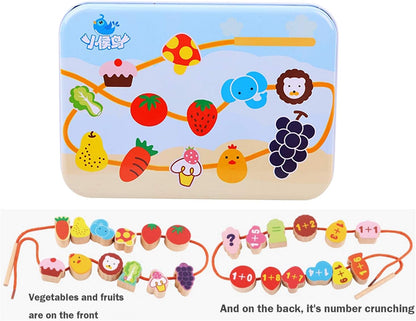 CenYouful Lacing Toy Wooden Block Set, Early Educational Toys String & Lacing Beads Games for Toddlers Kids Terrestrial Animals Learning Toy Play Set (12 Pieces) (Vegetables Fruits)