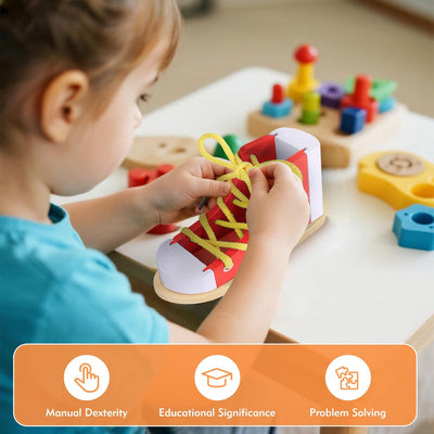 Shoe Tying Practice for Kids, Red Shoe Tie Practice for Kids Threading Lacing Shoes Training, Wooden Learn to Tie Shoes Basic-Life-Skills