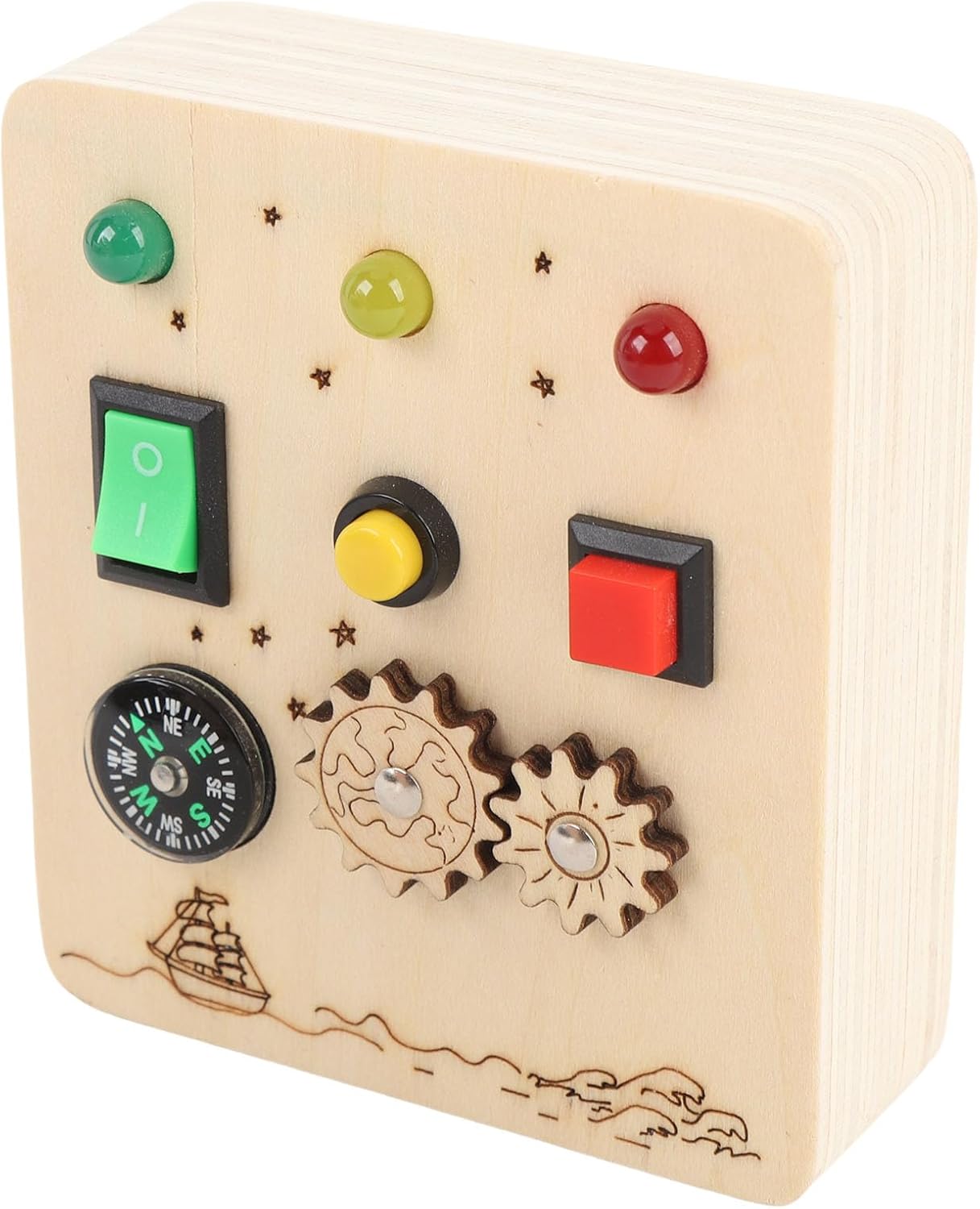 SUNGOOYUE Wooden Sensory Board Game with Light Switch and Gear Wheel Educational Toy for Kids Toddler Early Learning Activity