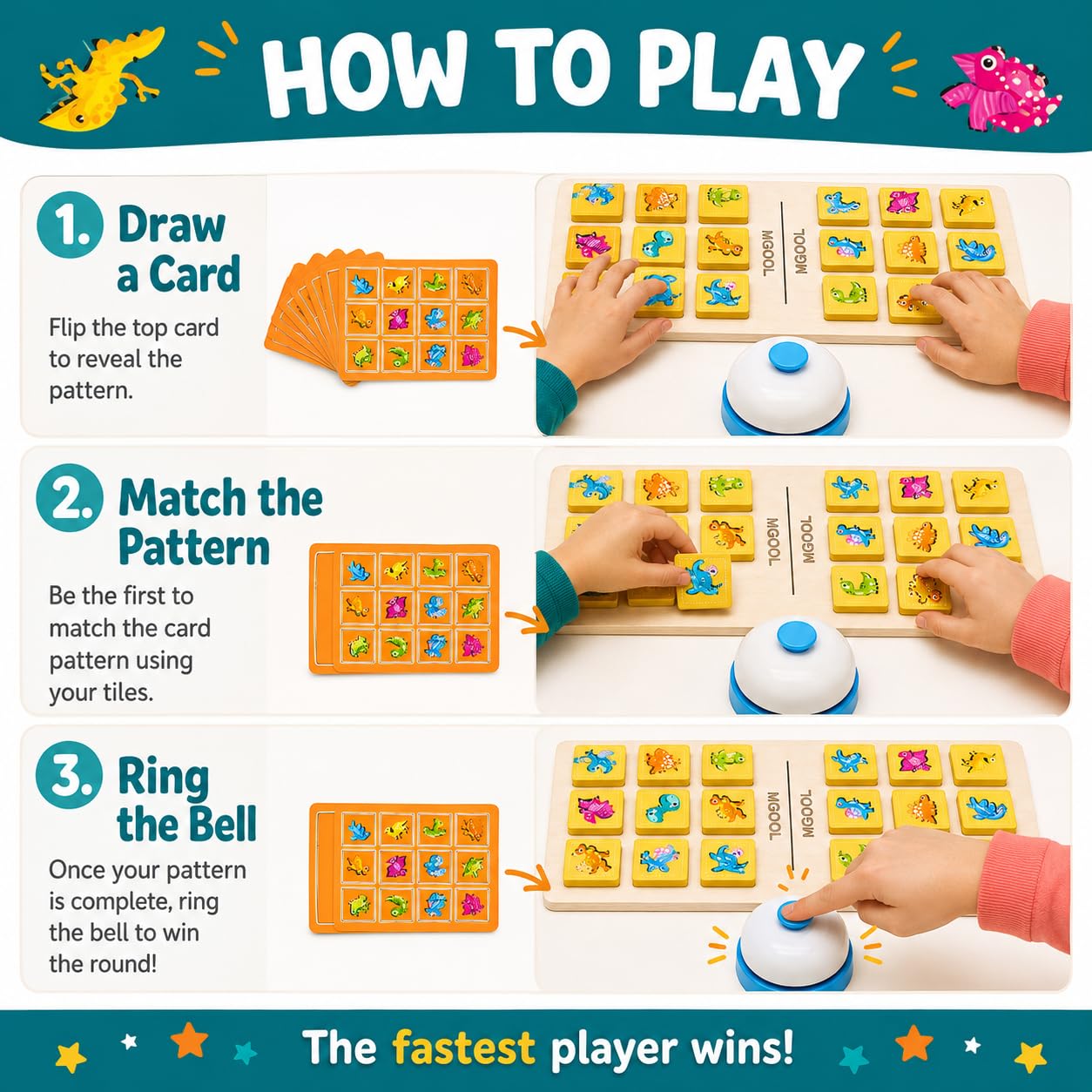 Fidtoy Interactive Dinosaur and Number Matching Bell Game for Two Players Wooden Pattern Puzzle Toy